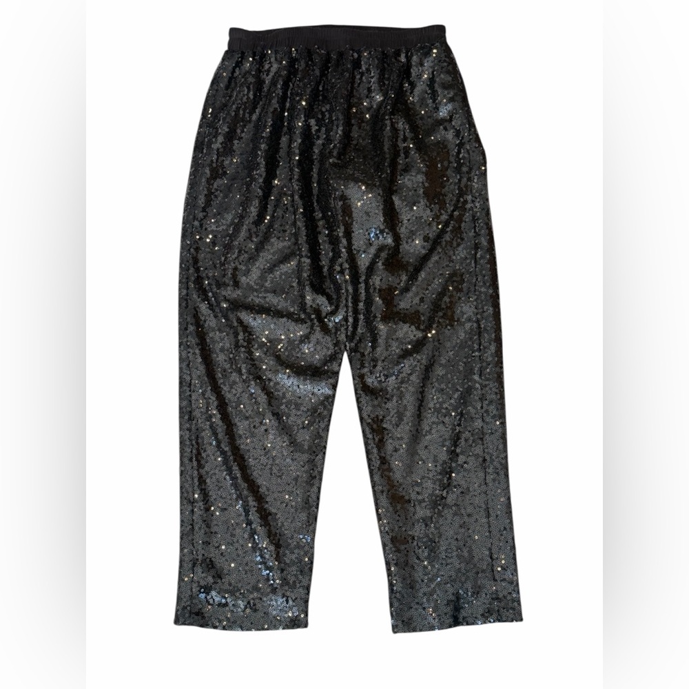 John Eshaya Black Sequin/Satin Cropped Pants Elastic Waist Size M/L‎